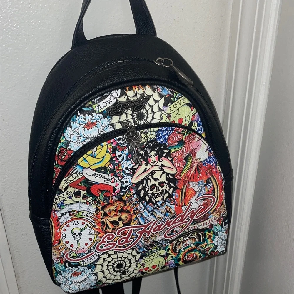 Ed Hardy Black Backpack with Colorful Tattoo Art - Picture 4 of 11